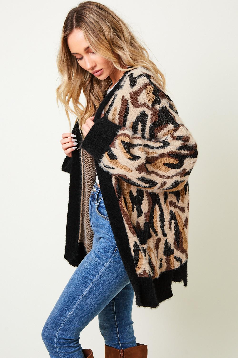 Leopard Print Cardigan: Fuzzy Long Sleeve Animal Sweater