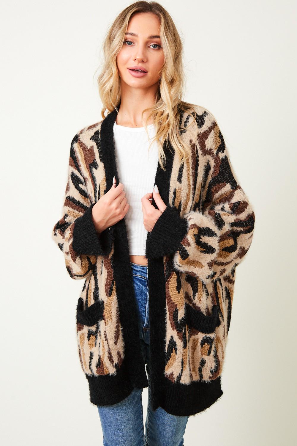 Leopard Print Cardigan: Fuzzy Long Sleeve Animal Sweater