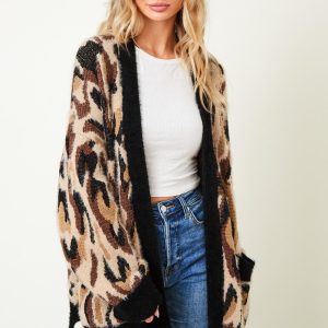 Leopard Print Cardigan: Fuzzy Long Sleeve Animal Sweater